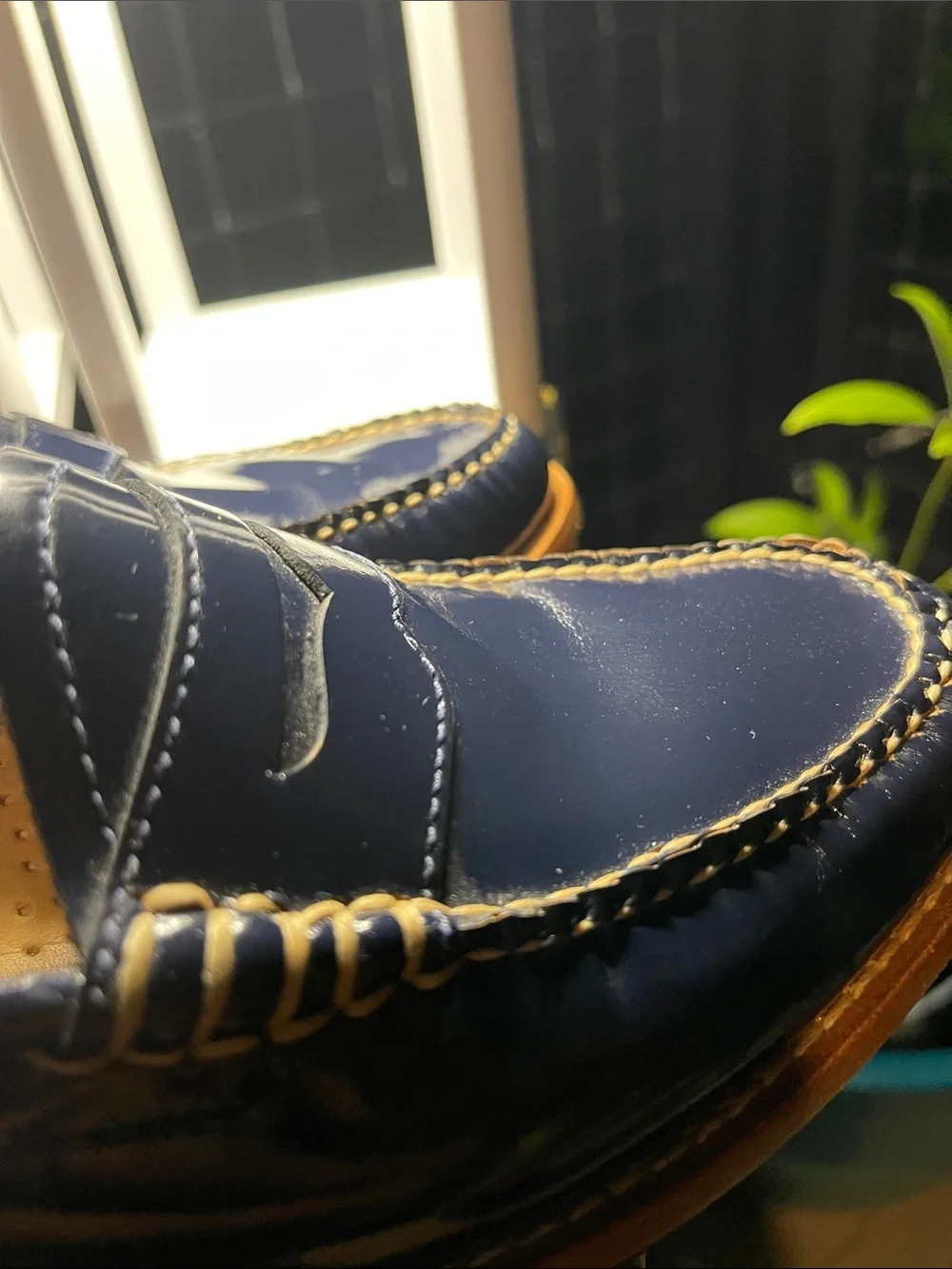 Weejuns G.H. Bass &Co Glossy Navy Penny Loafers with Tan Welt